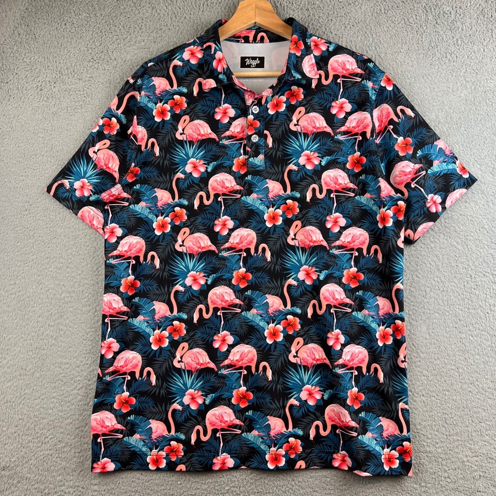 Waggle Mens Golf Polo Shirt Large Flamingo Hibiscus Floral Tropical Short Sleeve